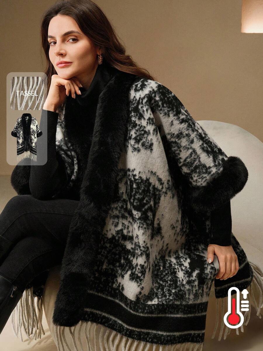 Anewsta Women's New Oriental Aesthetic Ink Painting Tassel Shawl, Suitable For Autumn, Fall, Winter, Going Out, Elegant, Formal, Party, Chic, New Year, Women's Winter Coat, Christmas, Work, Graduation, Wedding