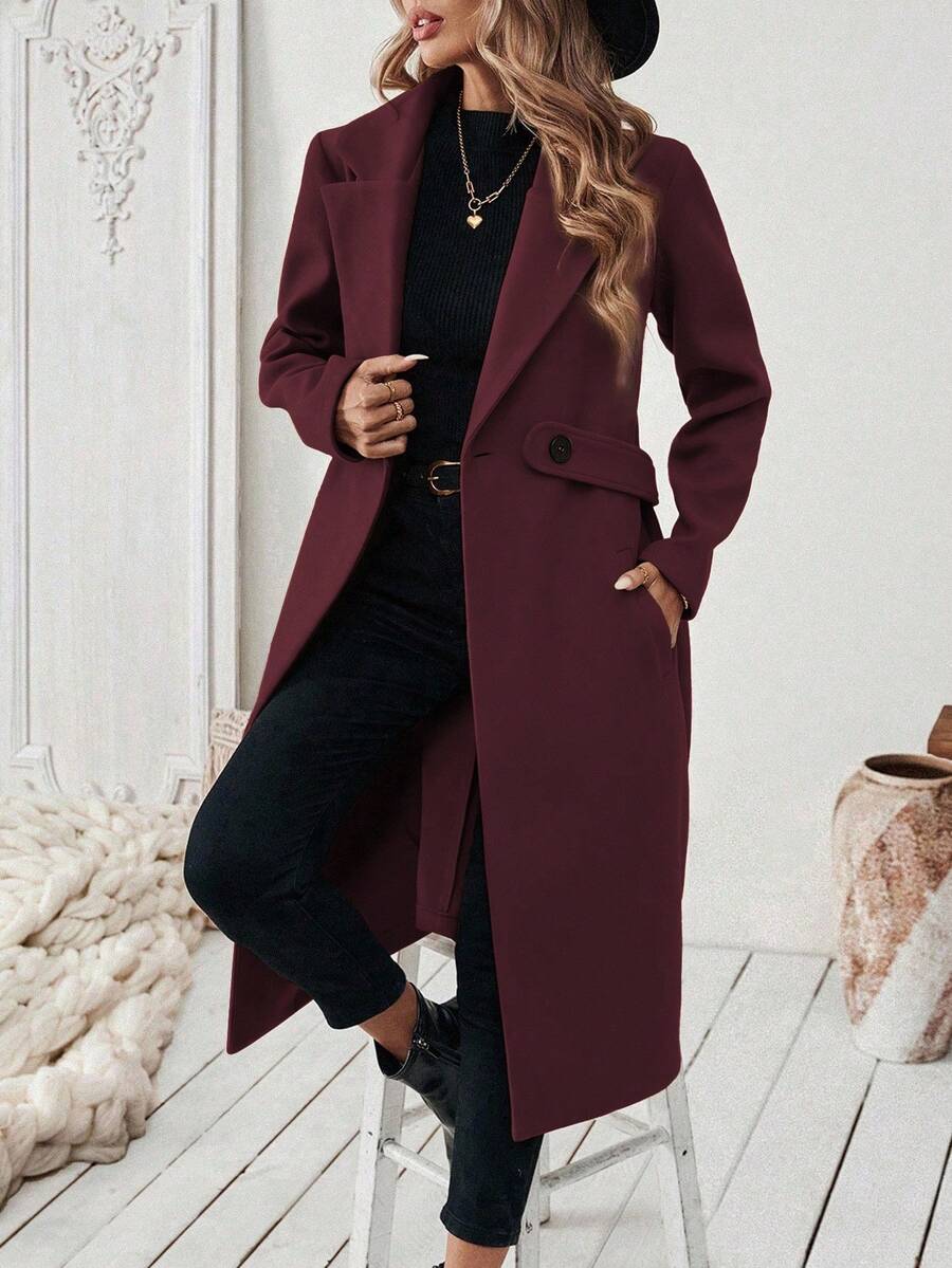SHEIN 平领纯色口袋优雅系带长袖外套 - 酒紅色 - 查看 1
