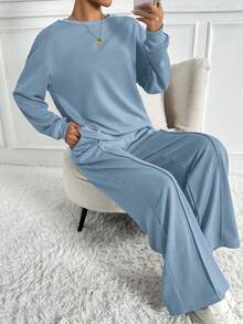 Chiquease Women's Solid Color Round Neck Drop Shoulder Long Sleeve Sweatshirt And Wide Leg Pants Casual Loose 2 Pieces Set, Autumn Two Piece Set Women Comfy Blue Sets For Women