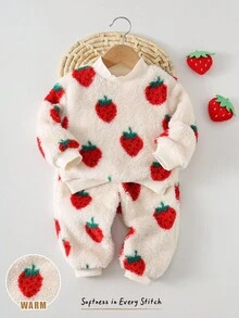 Cozy Pixies 2pcs Baby Girl Strawberry Pattern Thermal Lined Crew Neck Long Sleeve Sweatshirt Set, Suitable For Autumn/Winter Fall - Apricot - View 9