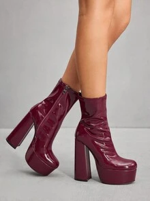 CUCCOO SZL Wine Red Square Toe Chunky Heel Waterproof Platform Elastic Minimalist Formal Side Zipper Ankle Boots & Short Boots For Women For Christmas - Burgundy - View 6