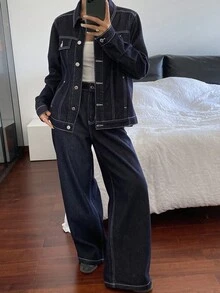 Livesso 女士休闲翻领上衣和牛仔裤套装，秋季 - 深色水洗藍 - 查看 3