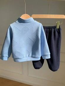 SHEIN 2 件套男婴柔软针织领长袖套头衫和松紧腰裤套装 - 藍色 - 查看 2