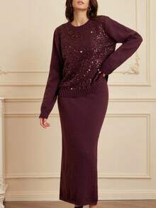 Aveloria Rosie 2件套亮片装饰宽松毛衣+中长裙 - 中紫紅色 - 查看 3