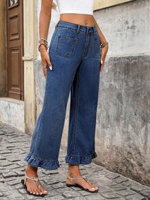 SHEIN PETITE 女士休闲日常荷叶边口袋牛仔裤，夏季 - 深色水洗藍 - 查看 7