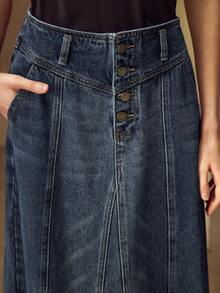 MOTF PREMIUM 秋冬款纽扣斜口袋牛仔裙 - 藍色 - 查看 2