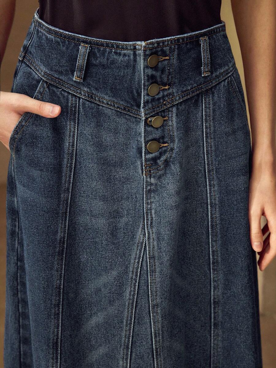 MOTF PREMIUM 秋冬款纽扣斜口袋牛仔裙 - 藍色 - 查看 2