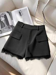 SHEIN Clasi Women's Fashionable & Elegant Lace Trim Elastic Waist Shorts - Black - View 1