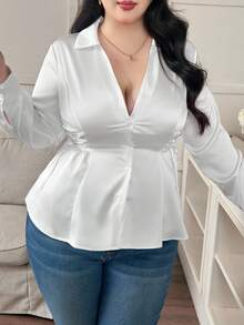 Modelyn 加大码女式醋酸纤维哑光缎面系腰法式简约百搭长袖衬衫 - 白色 - 查看 3