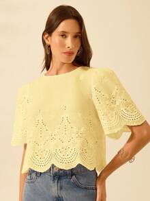 Women's Vacation Casual Water-Soluble Lace Hollow, Shoulder Ruched Cropped Top - Yellow - View 3