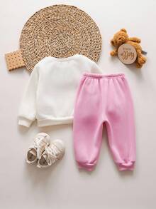 SHEIN Babygirl 可爱卡通图案针织衫裤套装 秋冬 - 米色 - 查看 2