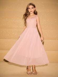 Robe de soirée pour enfants, robe de représentation pour récital de piano pour filles, robe de récital de violon, robe longue élégante pour la fête d'Halloween et les occasions formelles - Rose bonbon - Voir 3