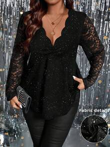 Femmeverse Plus Size Women's Casual T-Shirt With Lace Patchwork And Shell Trim, Long Sleeve Fall Cloth For Women