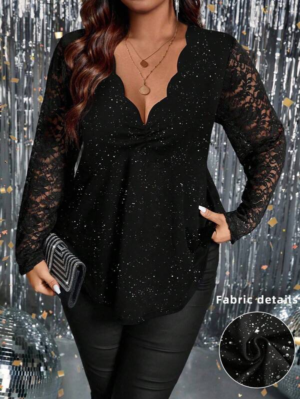 Rometta Plus Size Women's Casual T-Shirt With Lace Patchwork And Shell Trim, Long Sleeve Fall Cloth For Women