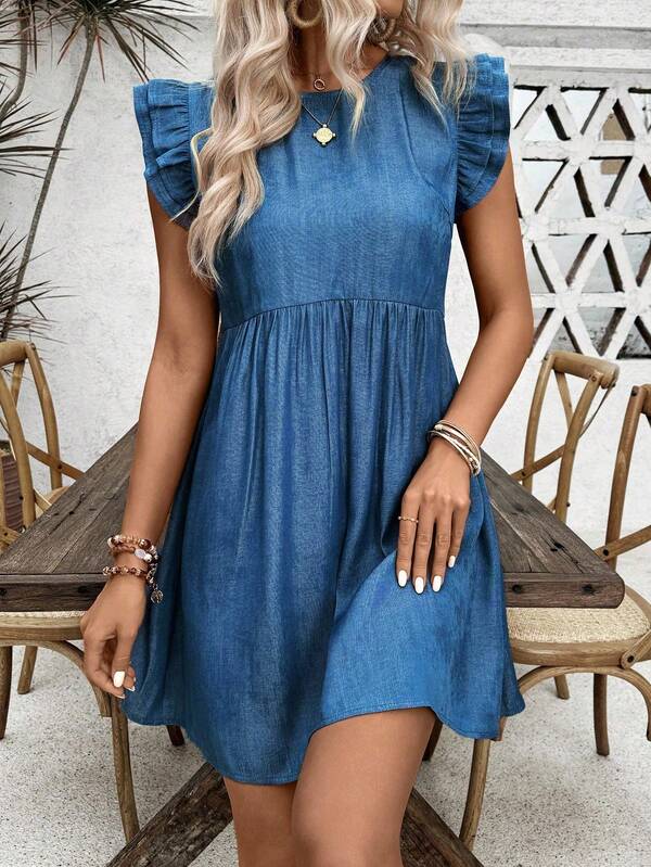 Breezaya Vestido de cuello redondo con volantes en el bajo, unicolor, para vacaciones y playa, para mujer