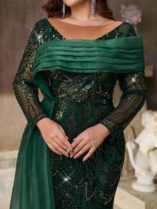 Aureia Vestido Longo Sereia Ajustado de Manga Longa com Bainha Assimétrica Franzida, Bordado com Lantejoulas em Tule Elegante e Luxuoso, Adequado para Festa à Noite, Gala, Casamento, Formatura, Ocasião Formal (Muito Ornamentado) - Verde - Visão 3