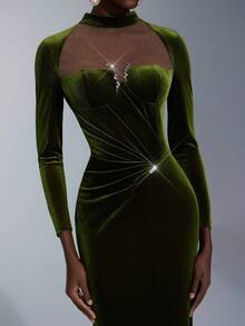 Elitara Elegant Velvet Handmade Rhinestone Decor Long Sleeve Round Neck Mermaid Hem Dress,Asymmetric Pleated Waist Fitted Gown For Weddings,Galas & Formal - Army Green - View 7