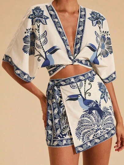 Travachic Set de 2 piezas: Top corto y pantalón falda de cintura alta con estampado para vacaciones de mujer