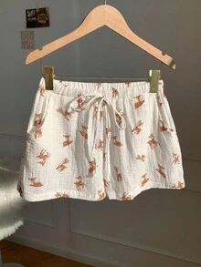 CovetEZ Quần short cạp chun rộng in họa tiết hươu thường ngày cho nữ - trắng - Xem 8