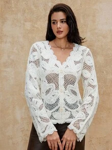 SHEIN Privé VITNOS Luxury Fall Winter Women's White Crochet Cardigan Elegant Crochet Tops For Women, Casual For Fall Winter, Chic Autumn, Party Looks, Fall Winter For Women, New Year's, Earthy Women, Elegant, French Elegance, Cozy Sweaters, Fall Winter New Style Women, Weekend, Autumn Work Style, Delicate Romance, Elegant, Luxury , Fashionable This Autumn, Suitable For Dates, Going Out, Night Out, Parties, Weddings, Holiday, Vacation, Birthday - Beige - View 5