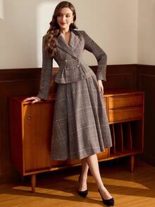 Vintamour 复古优雅女士套装，两件套带口袋，格子拼接，双排扣，A 字裙，秋冬休闲/工作/度假 - 棕色 - 查看 5