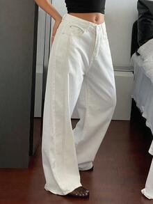 DAZY 女士休闲宽松高腰白色牛仔裤 - 卡其色 - 查看 5