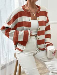 EURMUSE 女士条纹圆领前扣开衫 - 棕色 - 查看 6