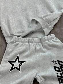SHEIN Bolty 2pcs/Set Teen Boy Casual Pentagram & Text Graphic Print Hoodie Sweatshirt And Sweatpants Set, Suitable For Autumn/Winter Fall - Grey - View 5