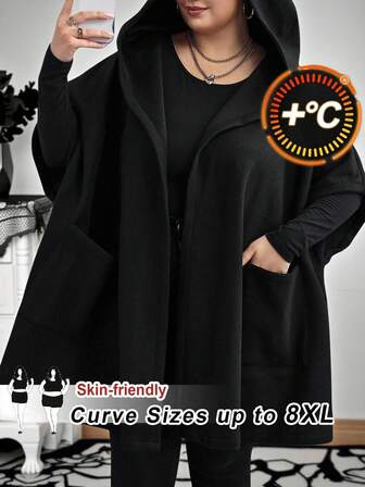 SHEIN CURVE+ Chaqueta con capucha de lana de mangas de murciélago de color sólido para mujer de talla grande, con bolsillos, adecuada para otoño e invierno