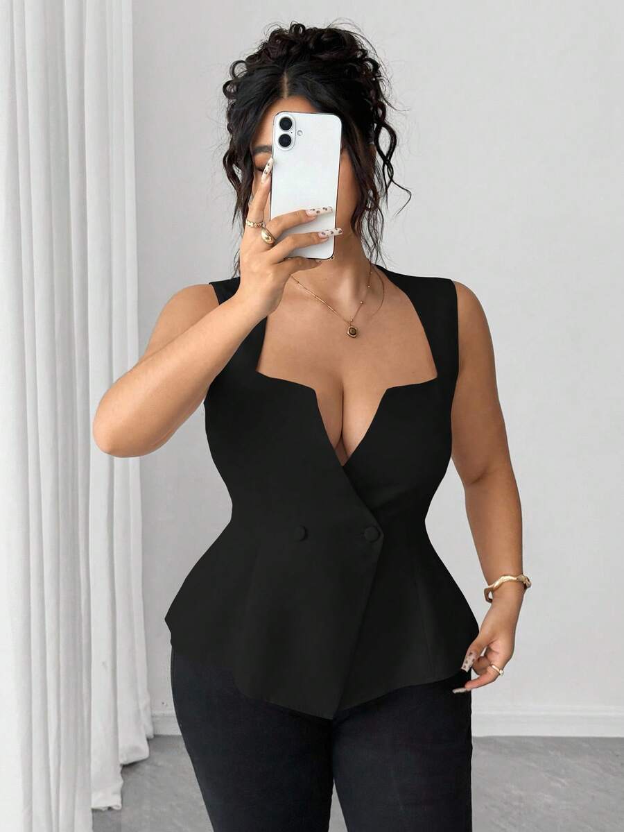 Elenzga Áo khoác cardigan cổ chữ V màu trơn cỡ lớn, kiểu áo cánh thanh lịch và duyên dáng - màu đen - Xem 1