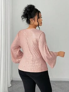 SHEIN Elenzya 大码女式亮片装饰十字V领荷叶边腰长袖衬衫，优雅合身，秋冬 - 粉色 - 查看 2