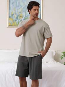 DAZY Set pijama de vară pentru bărbați, cu tricou bej multicolor și pantaloni scurți gri închis