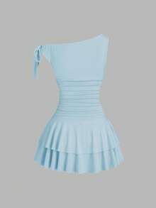Sweetra Đầm mini hai lớp họa tiết hoa kim loại vai lệch dành cho nữ, eo nhún, viền hai lớp - Màu xanh nhạt - Xem 2