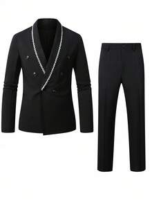 Manfinity Mode 男士派对撞色饰带披肩领双排扣西装外套和前缝西装裤套装 - 黑色 - 查看 4