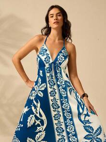 CAJUNI Đầm Maxi Đi Biển Mùa Hè Họa Tiết Hoa Và Cây Dừa Phong Cách Nhiệt Đới Boho Cho Nữ - Màu xanh lam - Xem 5