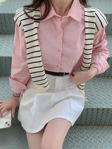 DAZY Áo cánh trơn màu rộng rãi, đa năng, thường ngày cho nữ, quần áo mùa thu, áo dài tay - Hồng - Xem 8