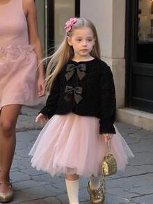 Elladie kids 年轻女孩圆领亮片蝴蝶结装饰时尚短款夹克 - 黑色 - 查看 5