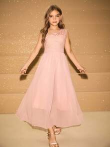 Robe de soirée pour enfants, robe de représentation pour récital de piano pour filles, robe de récital de violon, robe longue élégante pour la fête d'Halloween et les occasions formelles - Rose bonbon - Voir 5