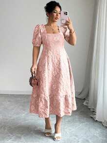 Elenzga Vestido diario y de fiesta elegante de manga abullonada con ajuste ceñido y vuelo para mujer talla grande, elaborado con tela jacquard con estampado de margaritas