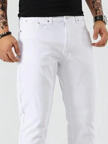 Manfinity Homme Celana Jeans Skinny Pria Kasual Warna Polos dengan Kantong Miring - Putih - View 5