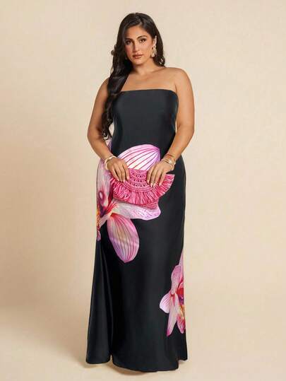 SHEIN BAE Plus Size Women Satin Print Open Back Dress, Spring/Summer,4th Of July Curve,Beach Outfit For Women,Airport Outfit Women,Festival Outfits Women,Graduation ,Women Summer Clothes,Going Out Tops Women,Rave Outfits,Club Outfits Women Sexy,Birthday Outfits For Women,Holiday Outfits,Wedding Guest Dress Women,Graduation Dress,Yellow Butter,Summer Dresses For Women