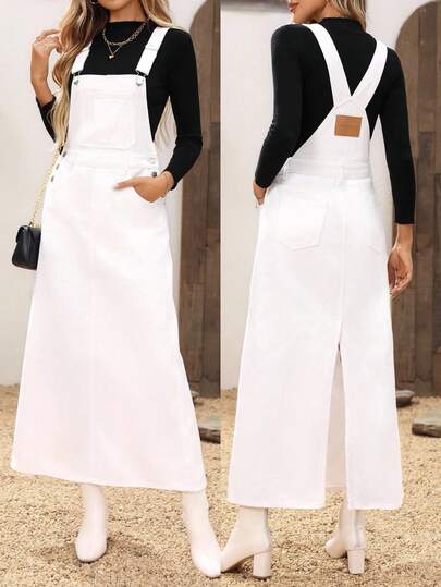 EMERY ROSE 女式纯色无袖休闲百搭牛仔连身裤，带口袋