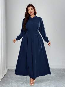 Rometta Plus Size Elegant Solid Color Lantern Sleeve Dress, Suitable For Commuting - Navy Blue - View 4