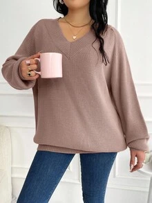 EURMUSE Plus Size V Neck Raglan Sleeve Pullover Sweater, Winter - Pink - View 5