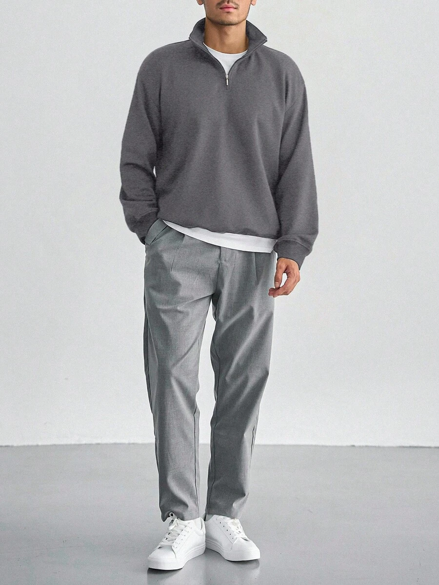 Men's Burgundy & Grey Half-Zip Pullover Sweatshirt, Autumn - Grey - View 1