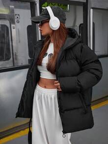 EURMUSE Einfarbiger, reißverschlussbestückter, gepolsterter Mantel mit Kapuze und langen Ärmeln, Winter - Schwarz - Übersicht 3