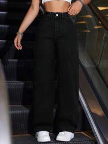 SHEIN ICON 大码女式高腰口袋阔腿宽松休闲牛仔裤 - 黑色 - 查看 7