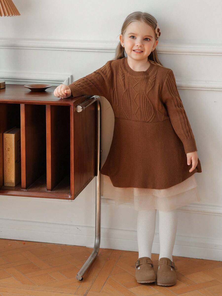 Young Girl Elegant Mesh Patchwork Knit Dress, Autumn/Winter Fall - Brown - View 1