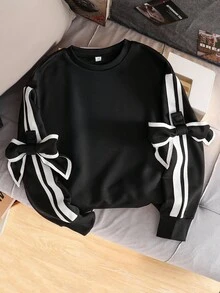 SHEIN 1件少女宽松圆领套头卫衣，长袖，宽松版型，袖口饰有可拆卸蝴蝶结，适合秋冬季休闲穿着 - 黑色 - 查看 5