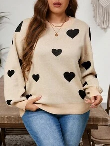 Modelyn Suéter holgado de manga larga con estampado de corazón para mujer de talla grande, uso casual de todos los días